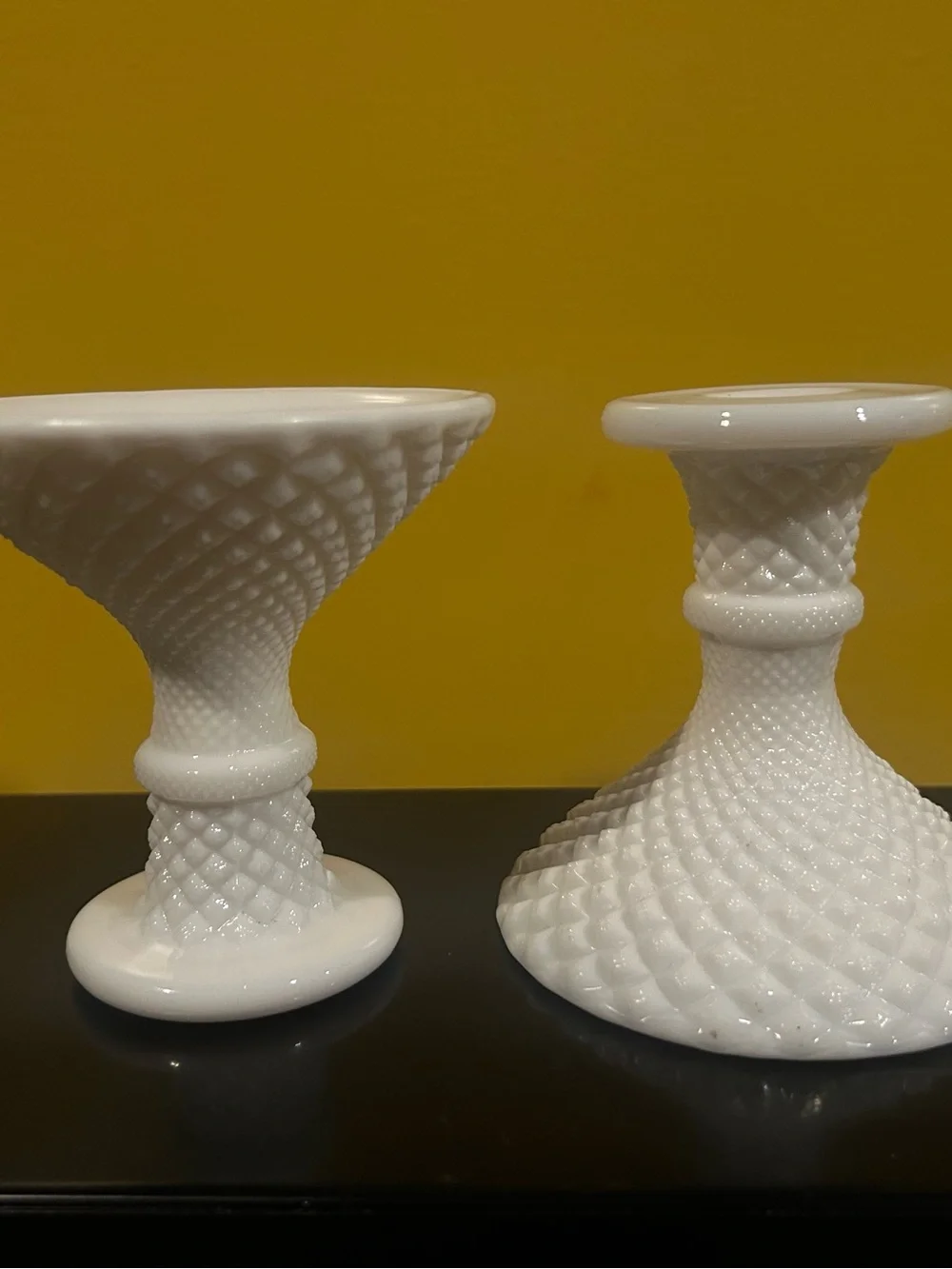 Vintage Westmooreland Milk Glass Diamond Hobnail Candlestick Holder Set
